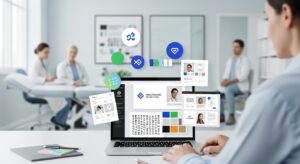 Designer creating visual branding for a medical practice, showing logo, colors, typography, and website design elements in a modern healthcare office.