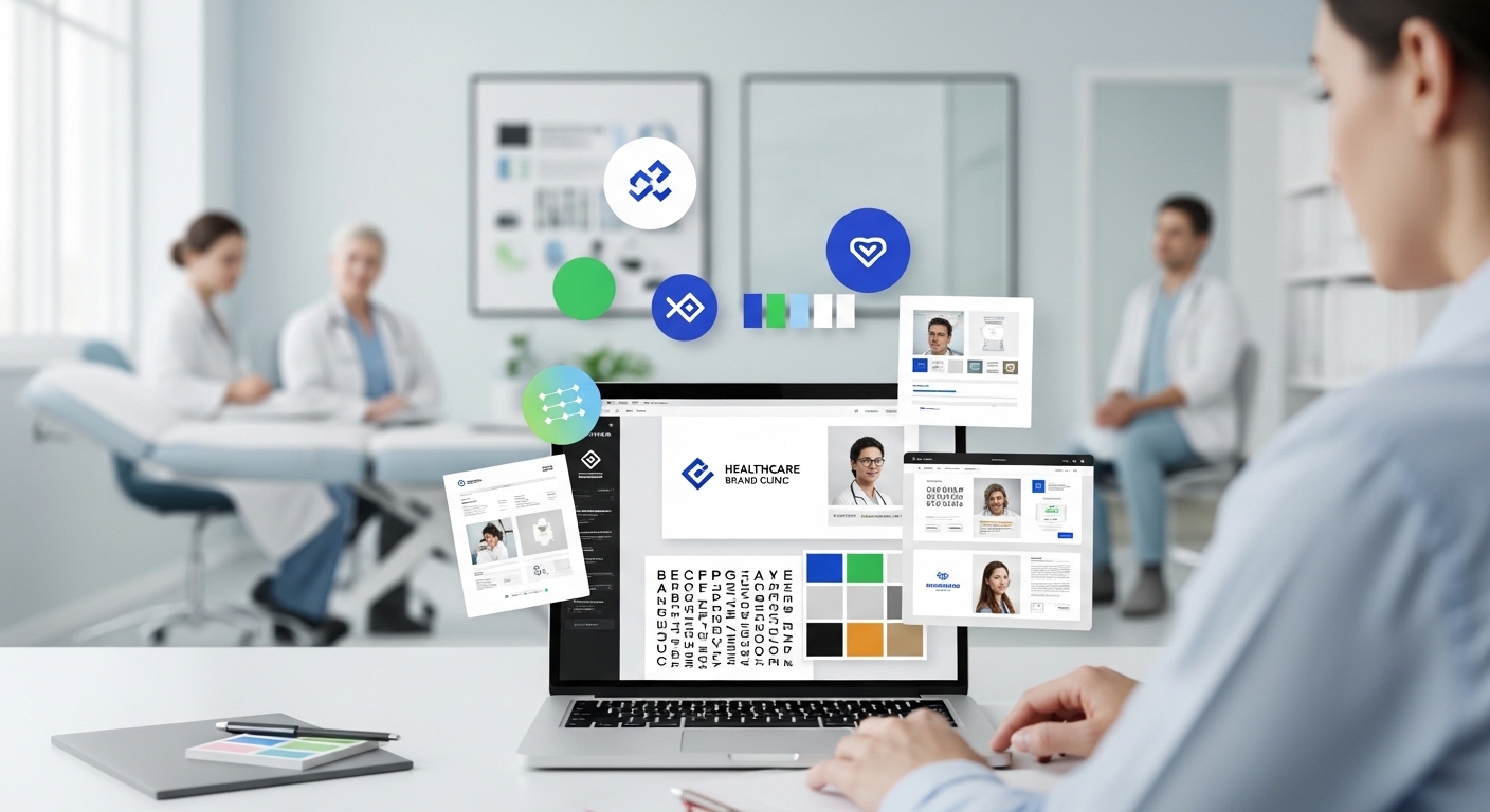 Designer creating visual branding for a medical practice, showing logo, colors, typography, and website design elements in a modern healthcare office.