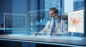 a male doctor in front of his computer, practicing SEO for healthcare providers
