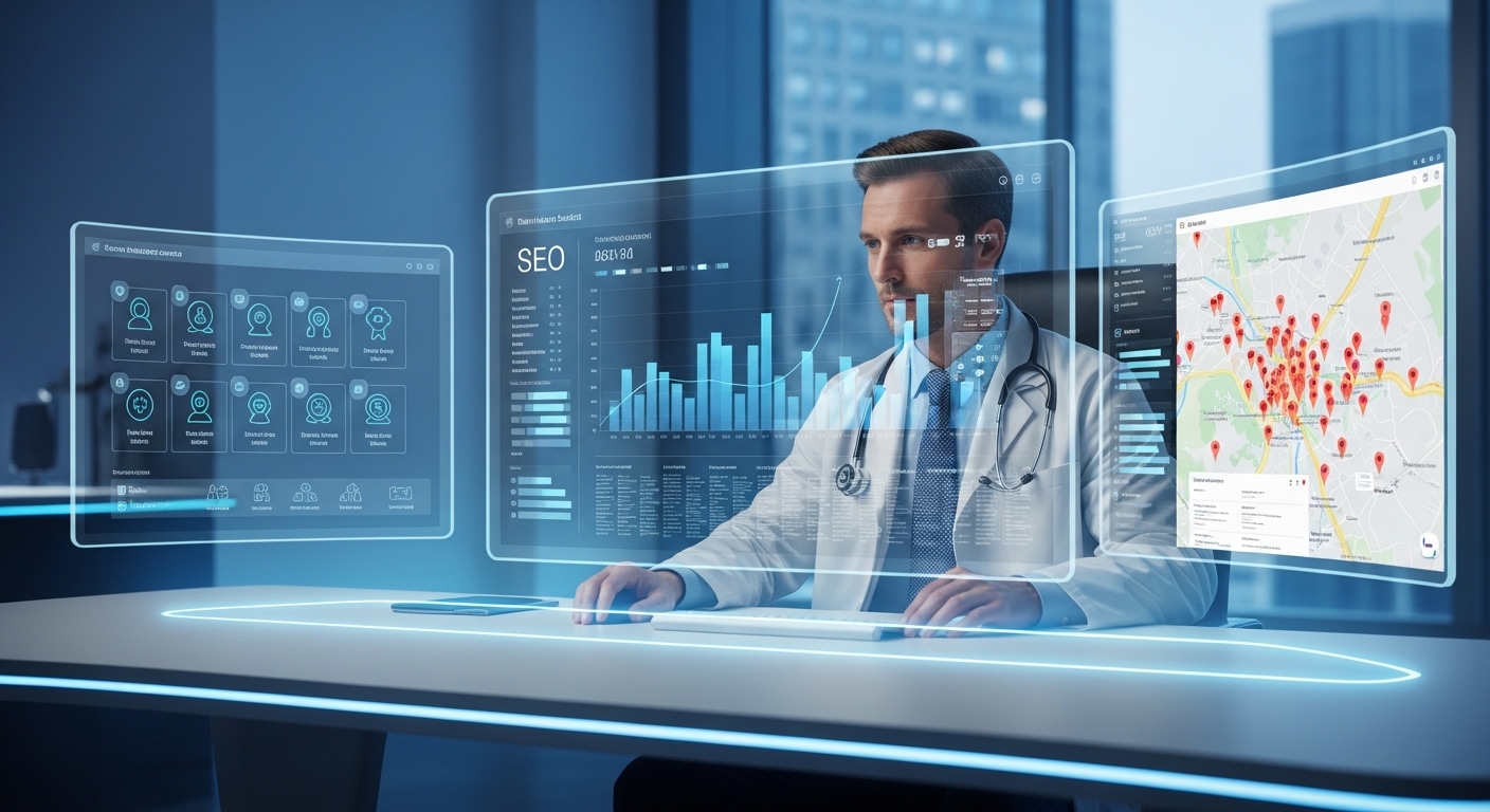 a male doctor in front of his computer, practicing SEO for healthcare providers