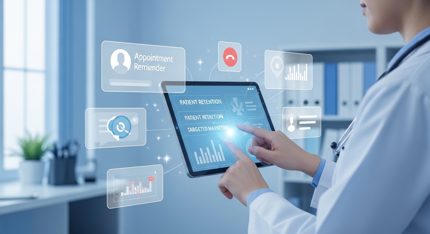 Doctor using a digital tablet in a modern clinic with holographic healthcare icons showing patient reminders, telemedicine, and personalized care communication.